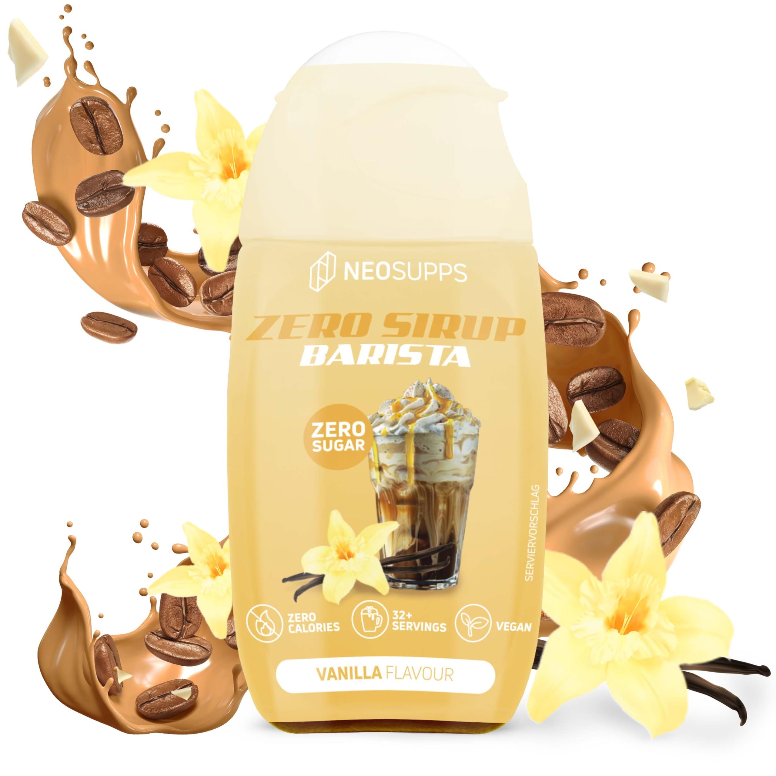 Gelbe Flasche Neosupps Zero Sirup Barista, Vanille. Mit Kaffeebohnen, Vanilleblüten und Schokoladenstückchen dekoriert. Vegan-Siegel.