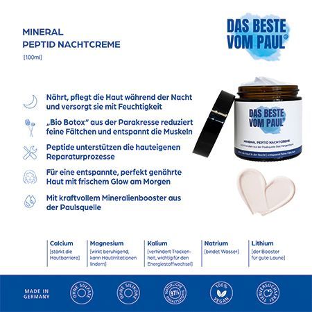 Produktabbildung mit Text. Creme-Tiegel, Deckel, Text. Mineral Peptid Nachtcreme. Inhaltsstoffe, Zertifizierungen.