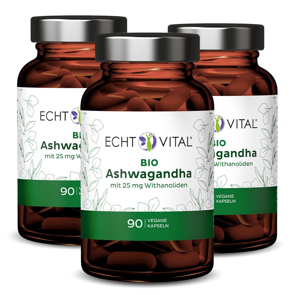 Drei braune Glasflaschen mit Kapseln. Etikett mit "Echt Vital Bio Ashwagandha". 90 vegane Kapseln. Mit 25 mg Withanoliden.