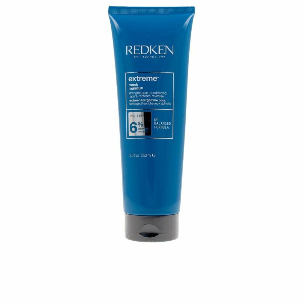 Blaue Tube mit schwarzem Deckel. Aufschrift: Redken, extreme mask. Enthält 250 ml.
