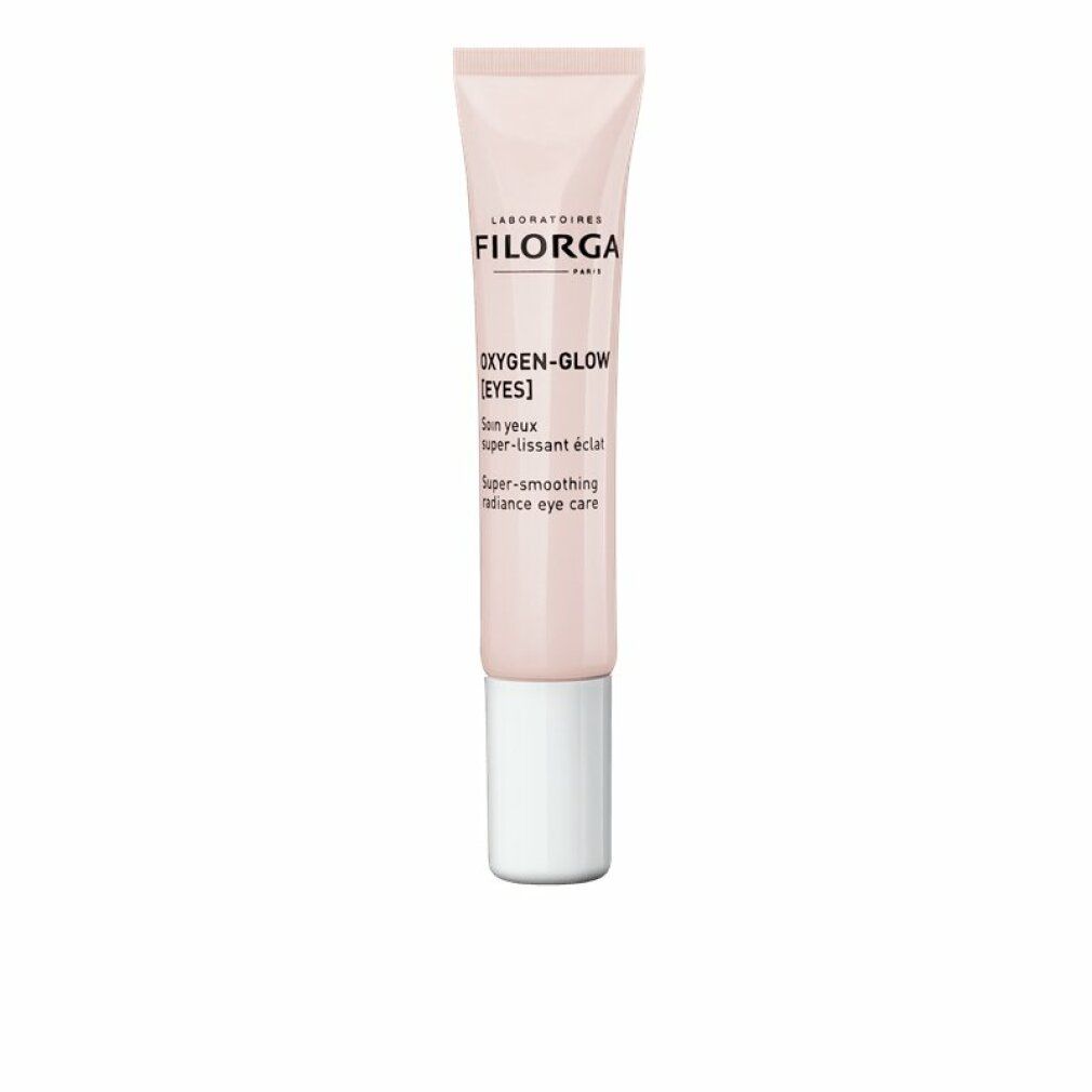 Rosa Tube mit weißem Verschluss. Aufschrift: FILORGA, Oxygen-Glow [EYES], Super-smoothing radiance eye care.