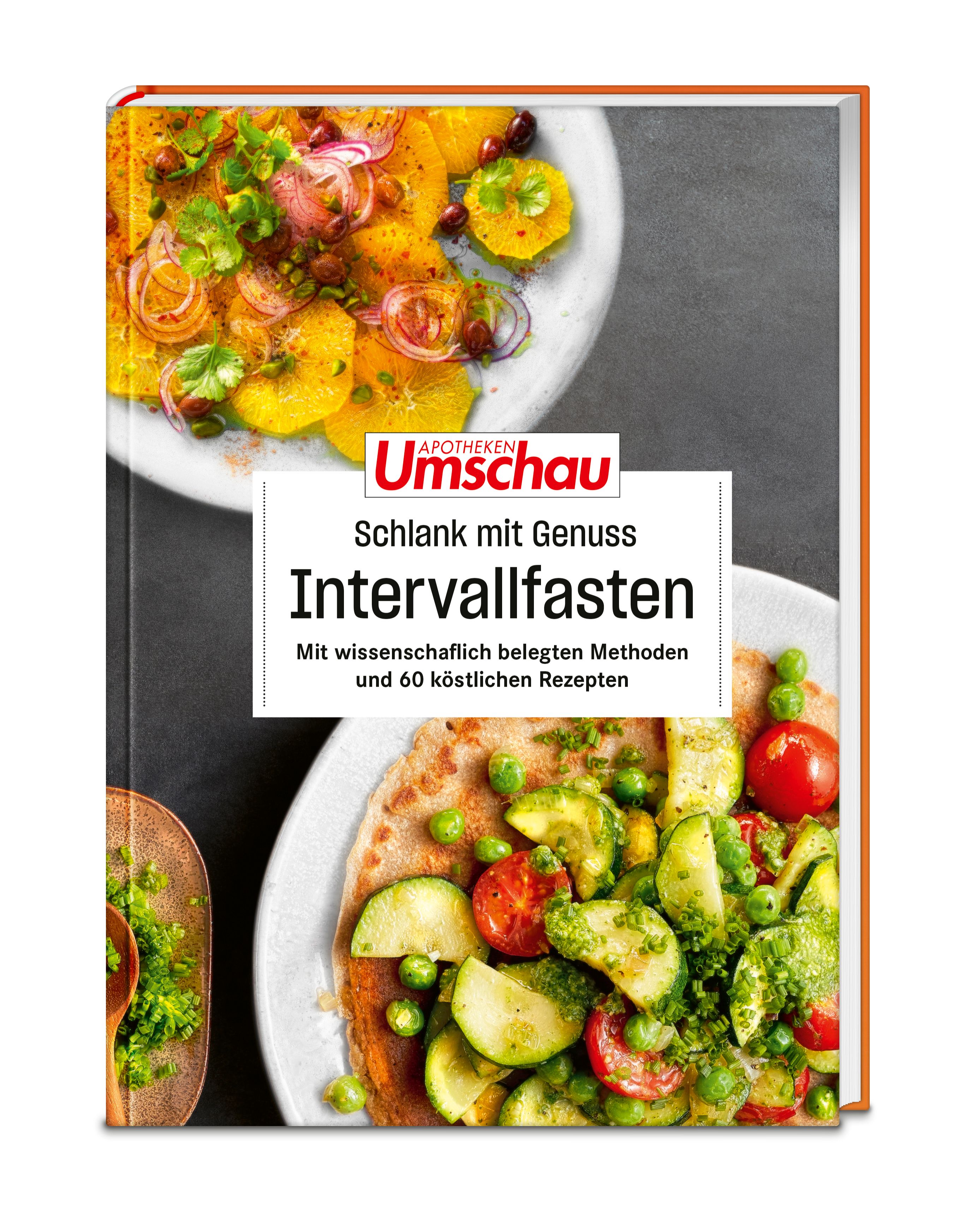 Buchcover mit dem Titel "Schlank mit Genuss – Intervallfasten". Oben und unten Teller mit Speisen. Marke: Apotheken Umschau.