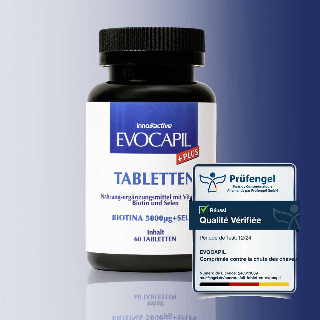 Tabletten tegen haaruitval. Zwarte fles met wit etiket. Bevat 60 tabletten. Met keurmerk.