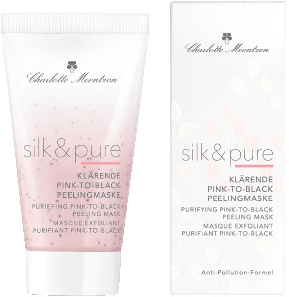 Charlotte Meentzen Silk & Pure Peelingmaske Tube und Verpackung. Weiß, rosa und schwarze Schrift.