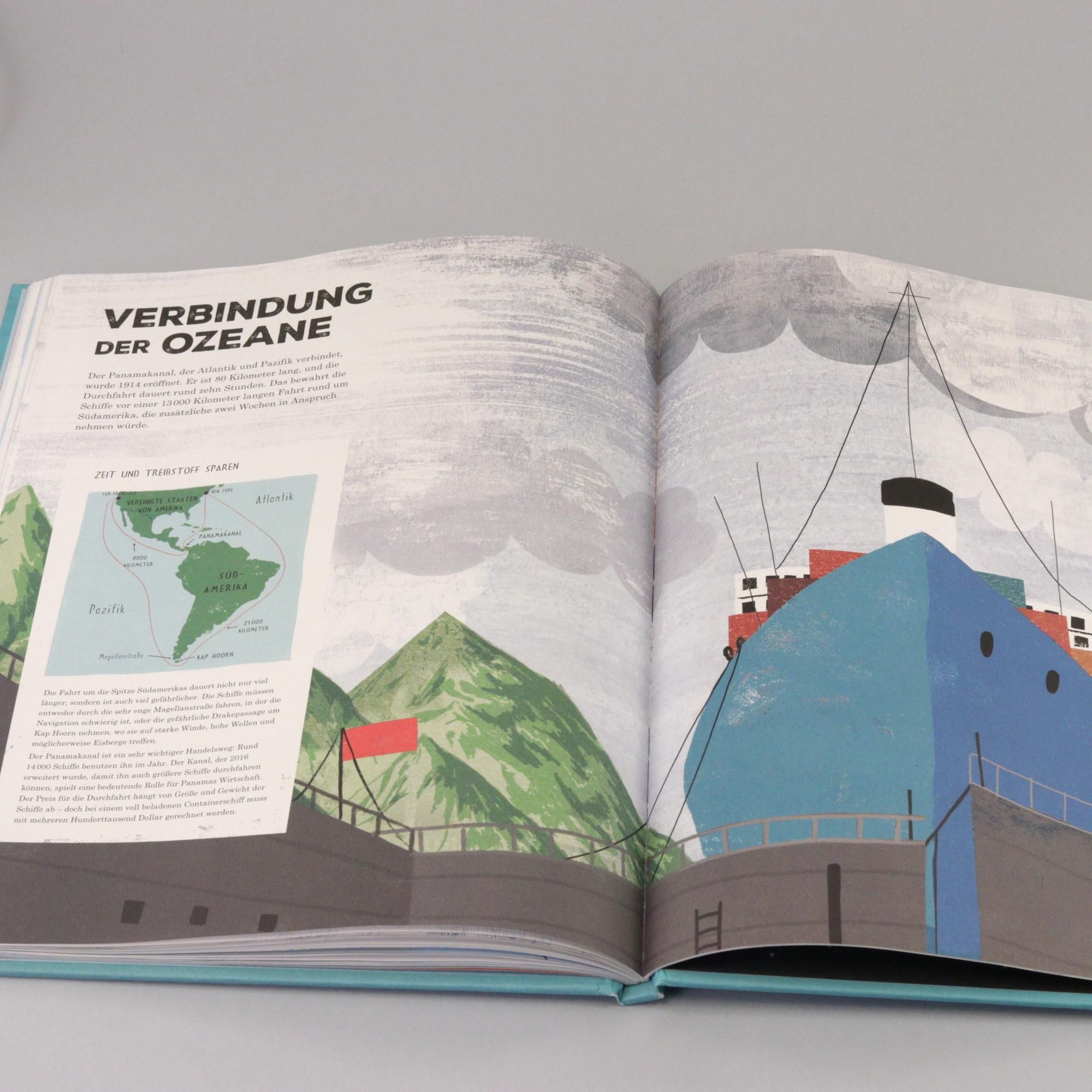 Doppelseite aus dem Buch. Illustrationen zur Verbindung der Ozeane. Titel: "Verbindung der Ozeane".