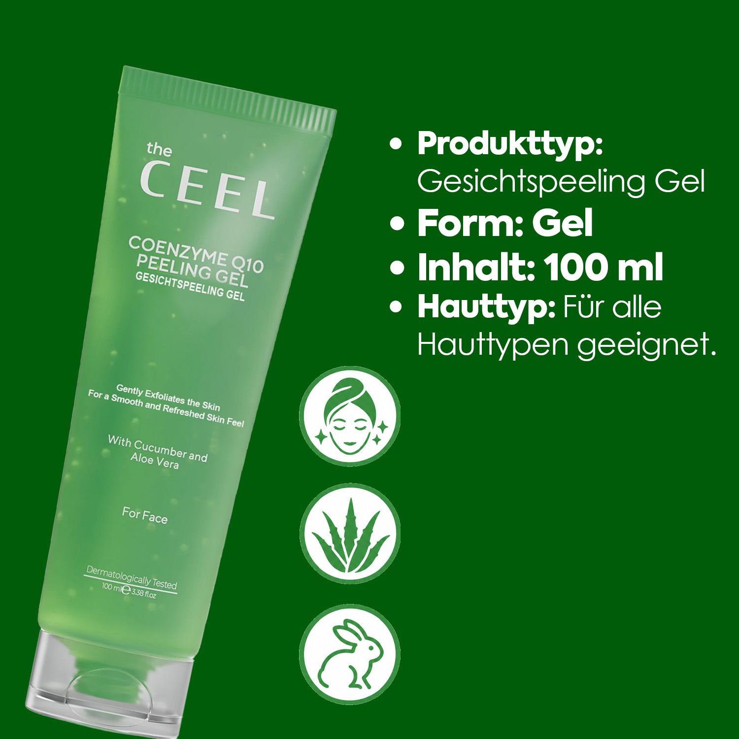 Grüne Tube "the CEEL COENZYME Q10 PEELING GEL". Produktinformationen: 100 ml, für alle Hauttypen.