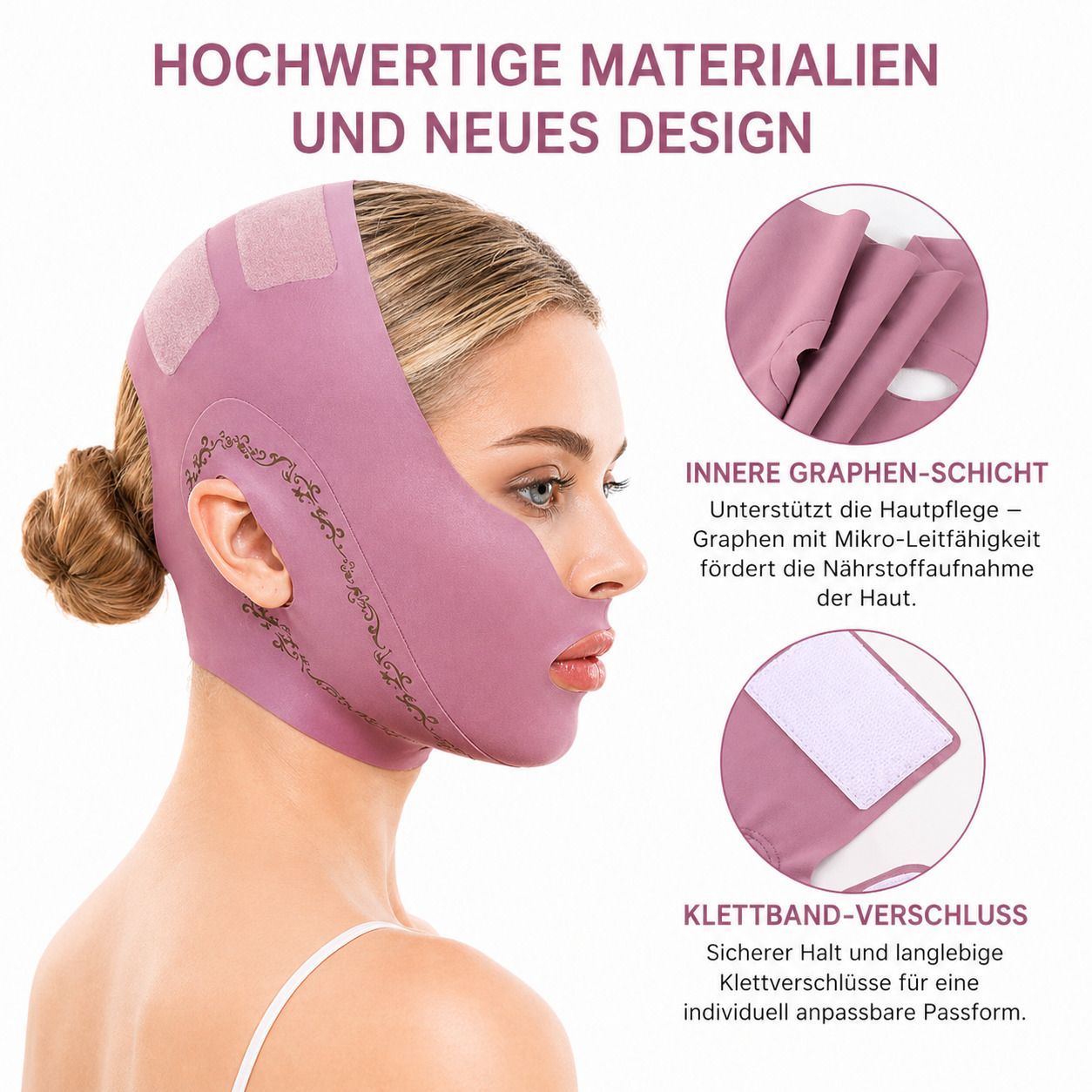 Frau mit rosa Gesichtsband. Text: „Hochwertige Materialien und neues Design“. Detail: Klettband-Verschluss.