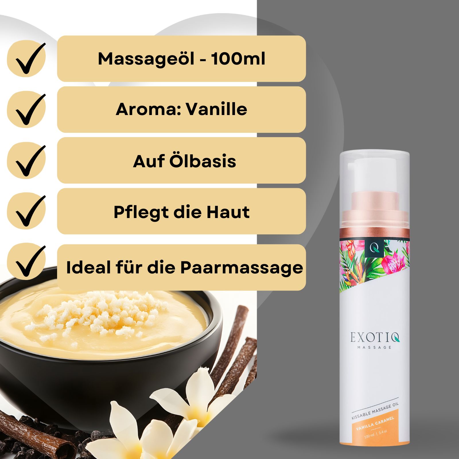 Produkt mit Text: Massageöl, Aroma Vanille, auf Ölbasis, pflegt die Haut, ideal für Paarmassage. Vanille-Dessert im Hintergrund.