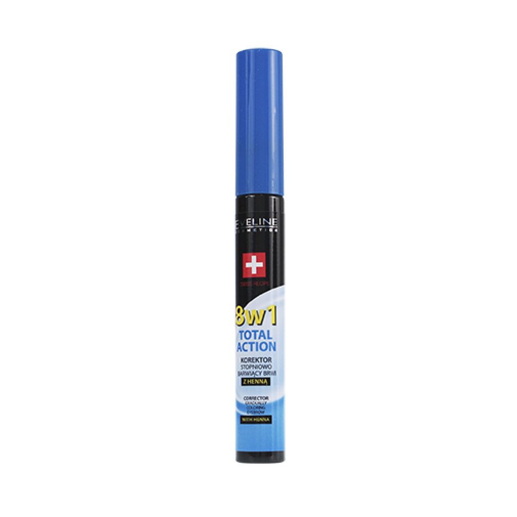 Blau-weißes Kosmetikprodukt. Schwarze Schrift: 8in1 Total Action. Rotes Kreuz. Blaue Kappe. Text: Korrektor, 2 Henna.