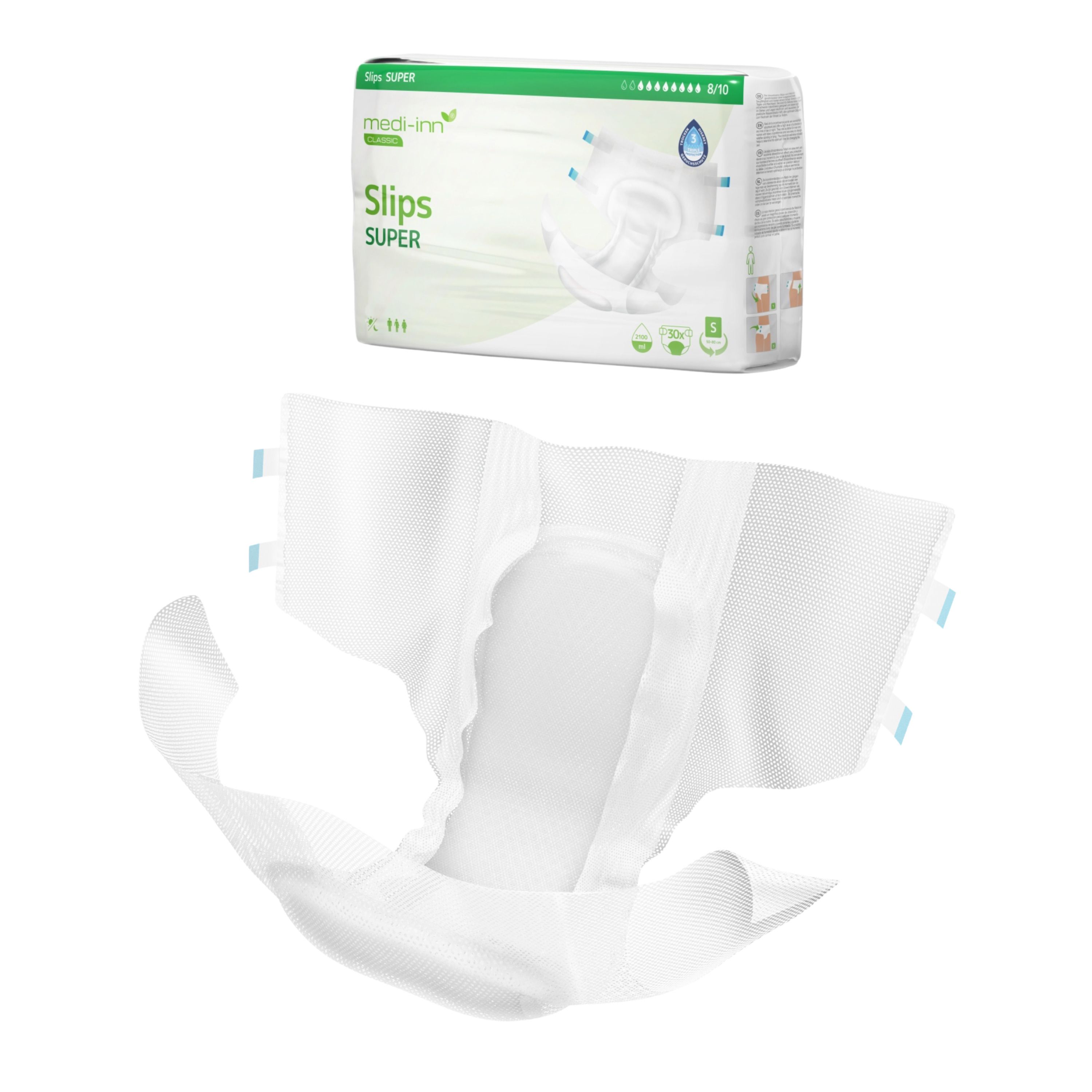 Inkontinenz-Slip und Verpackung von Medi-Inn Slips SUPER. Verpackung mit Produktabbildung und der Aufschrift "8/10".