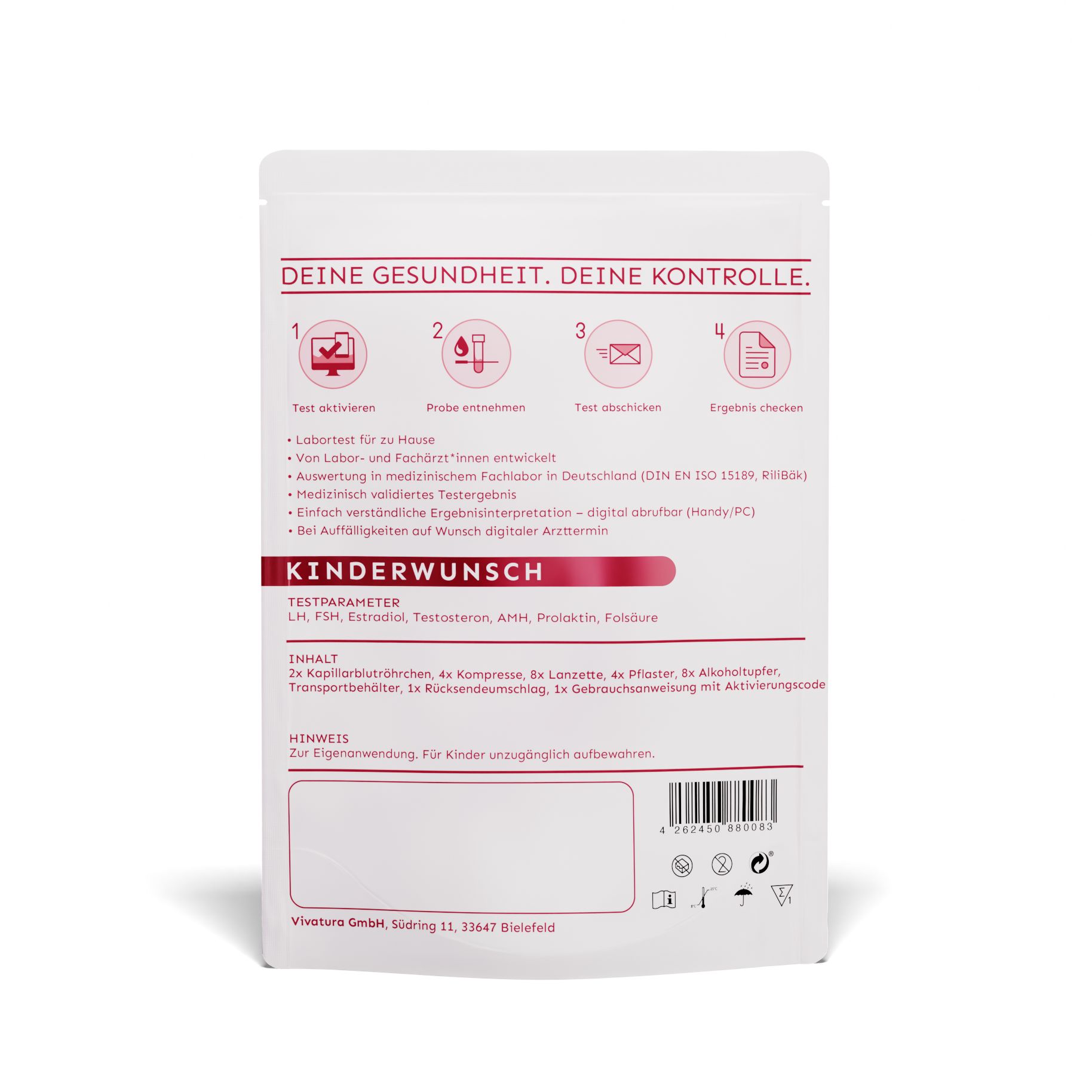 Rückseite der Verpackung mit Text: Deine Gesundheit, Deine Kontrolle. Enthält Informationen zur Anwendung und Inhaltsstoffe des Tests.