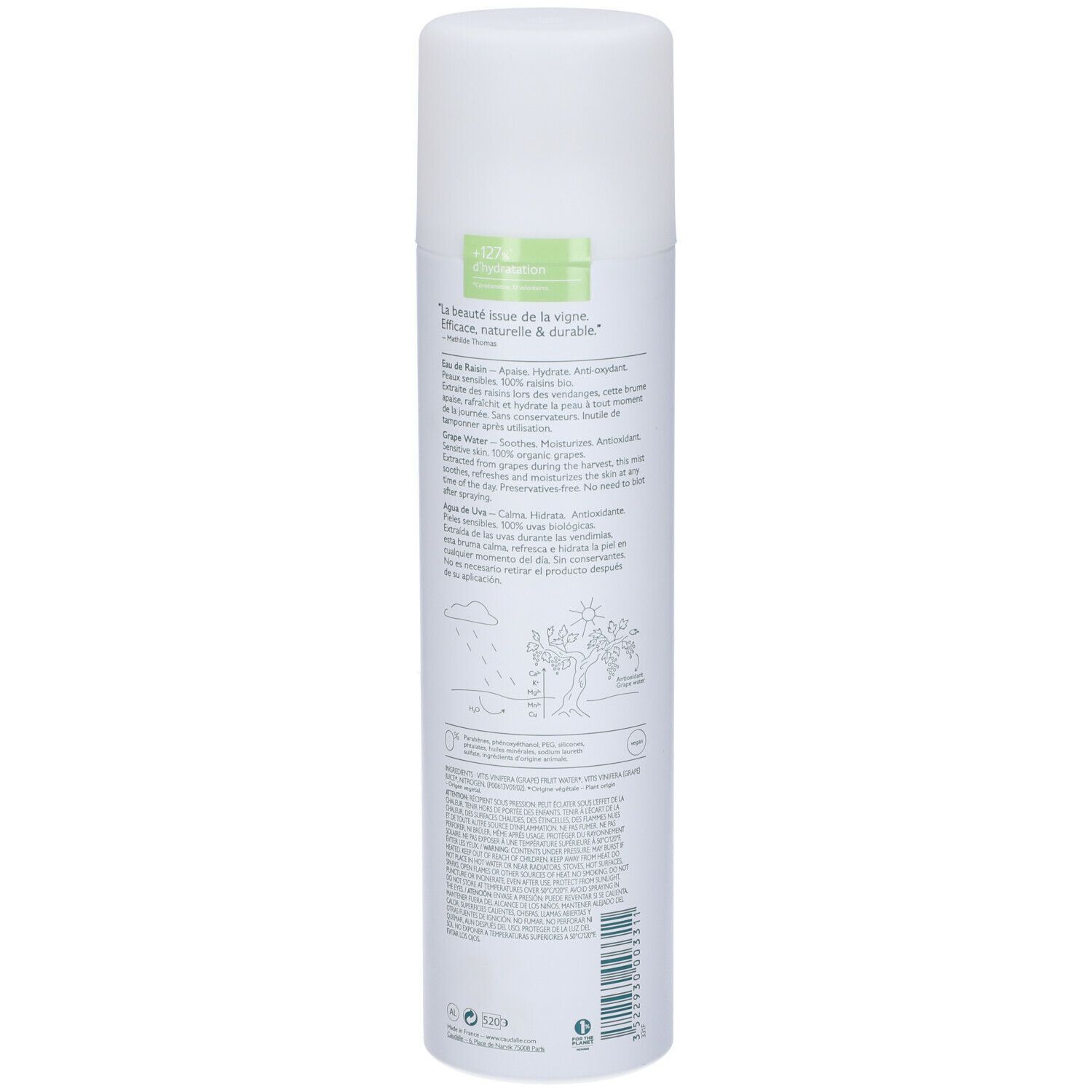 Spray Caudalie bianco. Retro con testo e illustrazioni. Flacone con erogatore spray.