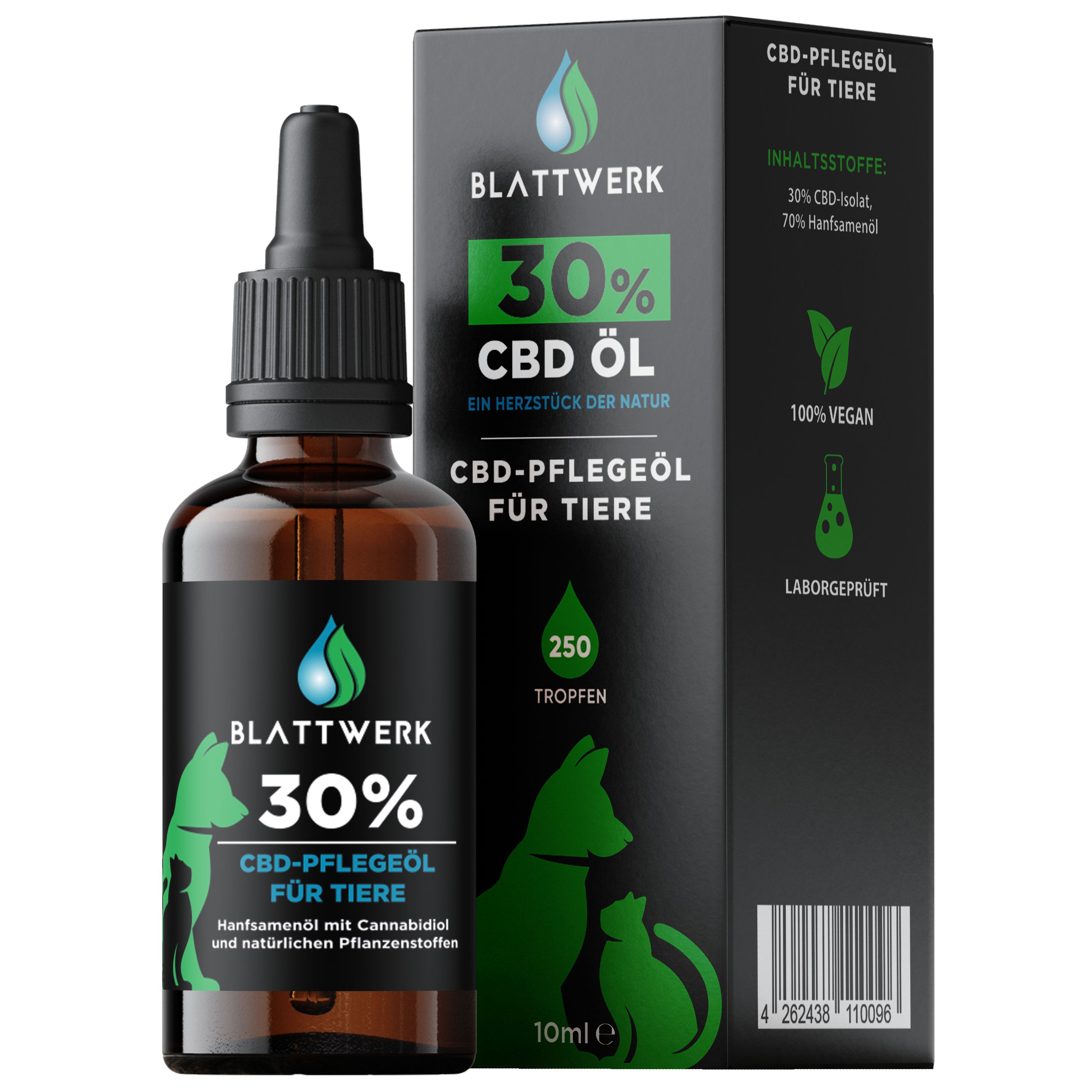 30% CBD Öl für Hunde & Katzen - Deutsche Qualität - CBD Öl Hund - 10ml - 250 CBD Tropfen - BLATTWERK