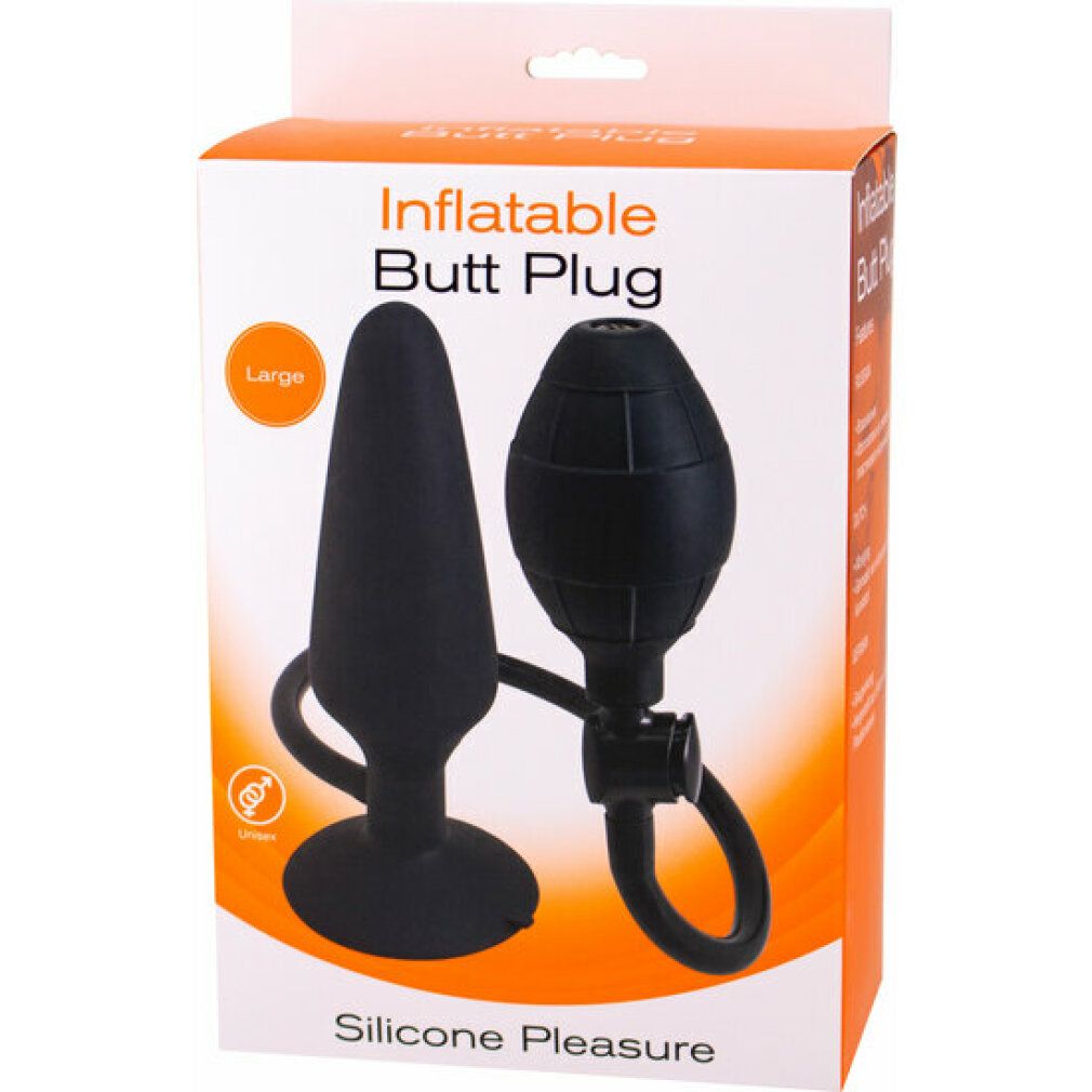 Schwarzer, aufblasbarer Analplug mit Pumpe. Verpackung mit Produktname und "Large"-Kennzeichnung. "Silicone Pleasure" Schriftzug.
