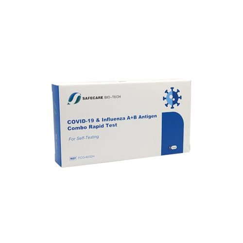 Schachtel mit Safecare Bio-Tech Logo. Aufschrift: COVID-19 & Influenza A+B Antigen Combo Rapid Test. Für Selbsttests.