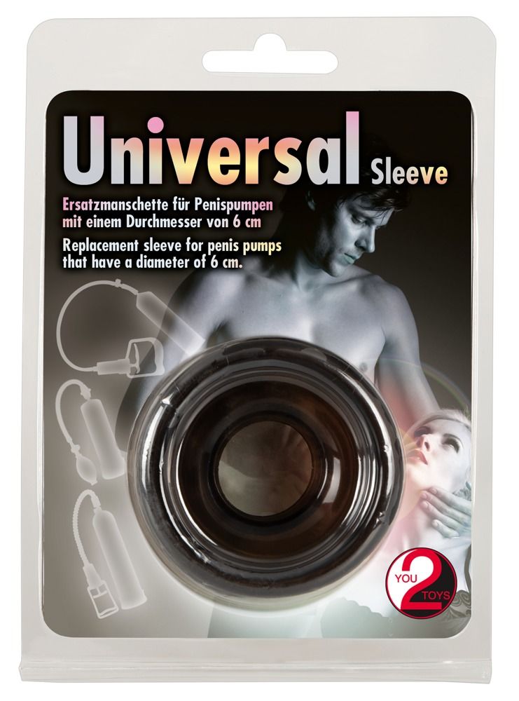 Ersatzmanschette in Verpackung. Schwarze Manschette, transparente Verpackung. Text: Universal Sleeve, You2Toys.