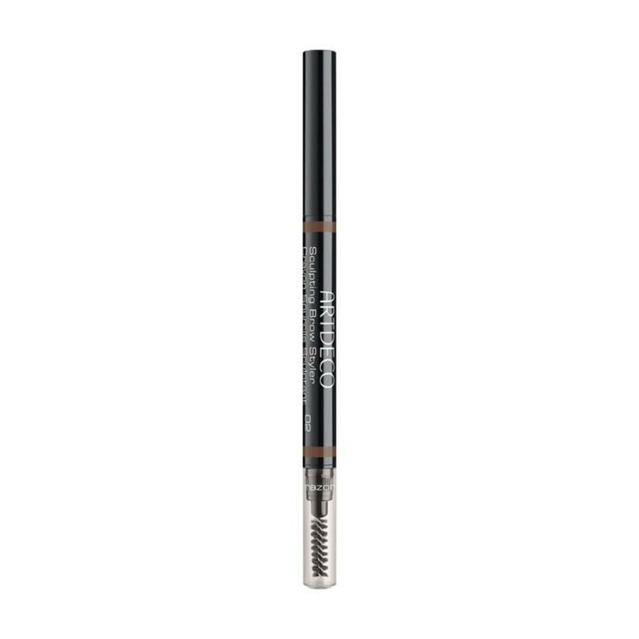 Artdeco Sculpting Brow Styler. Dunkelbrauner Augenbrauenstift mit Bürste. Schwarzer Stift mit silberner Schrift.