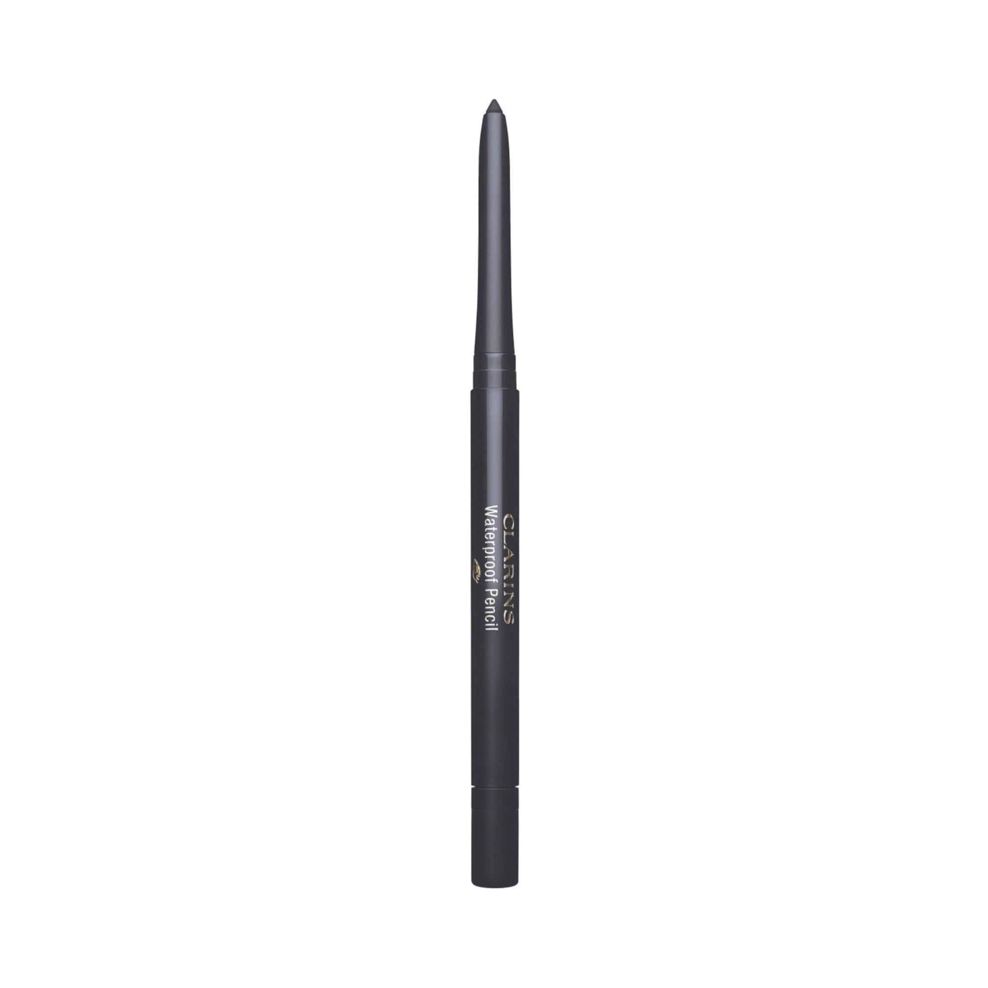 Grauer, schlanker Eyeliner-Stift. Schwarze Spitze. Text: Waterproof Pencil.