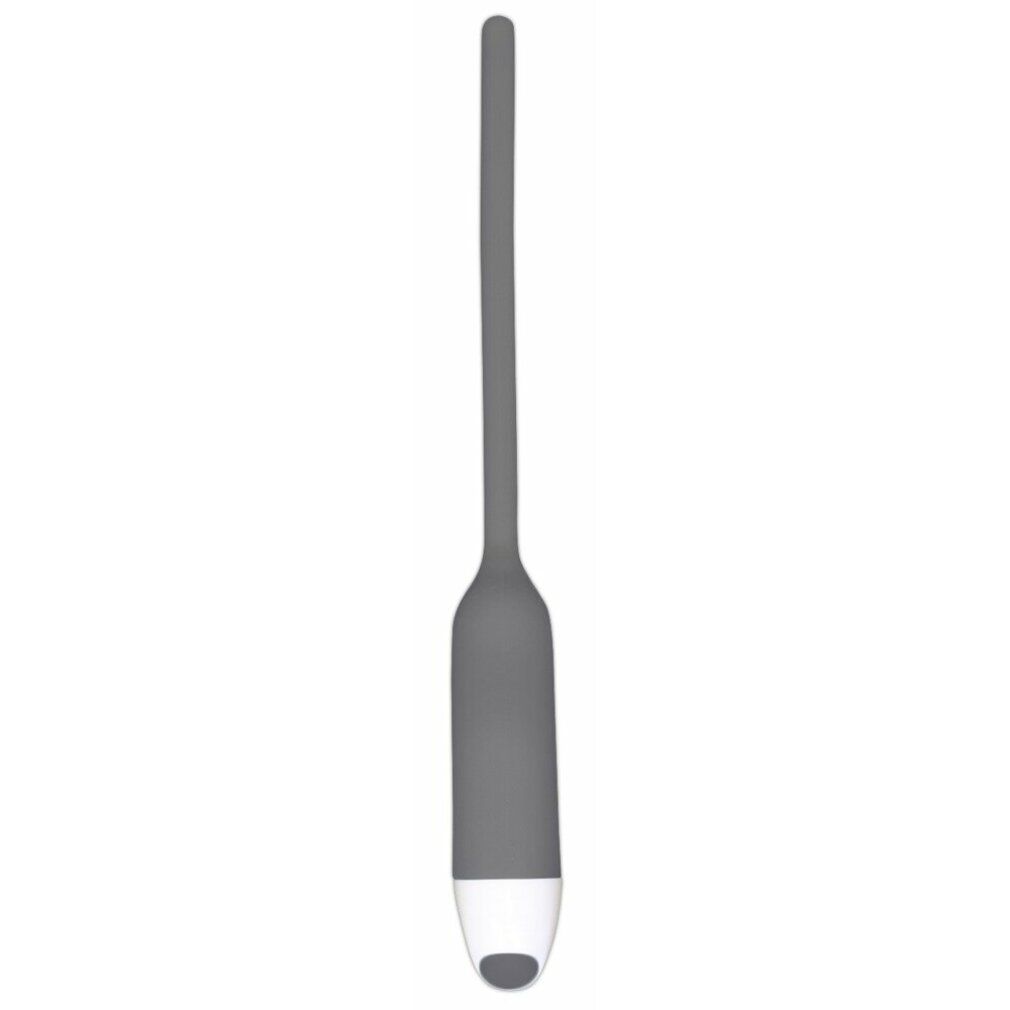 Grauer Dilator mit weißer Spitze. Zylindrischer Griff, schlanker Schaft, abgerundete Spitze.