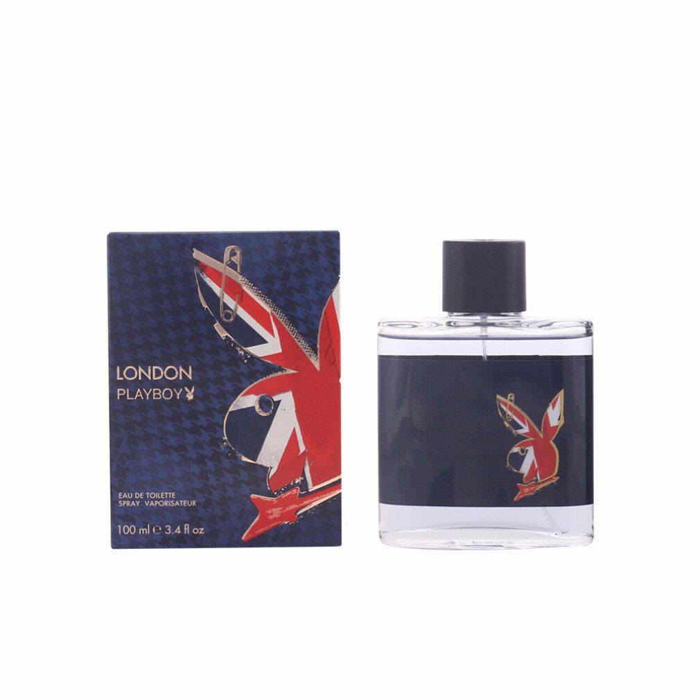 Playboy London Eau de Toilette Spray-Flasche und -Verpackung. Flasche mit Logo. Verpackung mit Union Jack-Design und Playboy-Logo.