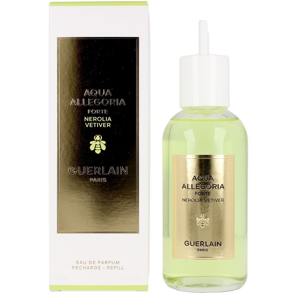 Grüne Flüssigkeit in Flasche und Verpackung. Goldfarbenes Etikett mit Text: Aqua Allegoria Forte Nerolia Vetiver. Guerlain Paris.