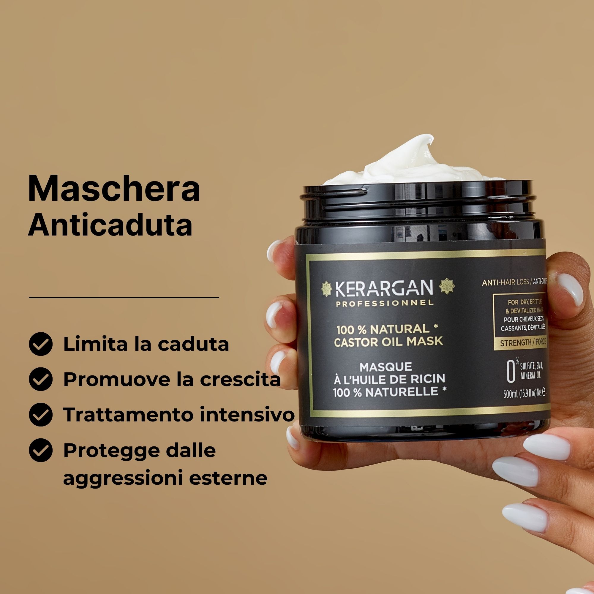 Mano che tiene un barattolo di maschera. Testo: Limita la caduta, favorisce la crescita, trattamento intensivo.