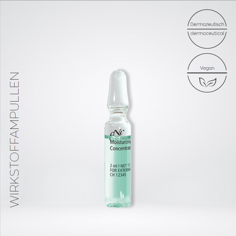 Ampulle mit Flüssigkeit, Aufschrift 'Moisturizing Concentrate'. 2 ml. Vegan-Siegel.