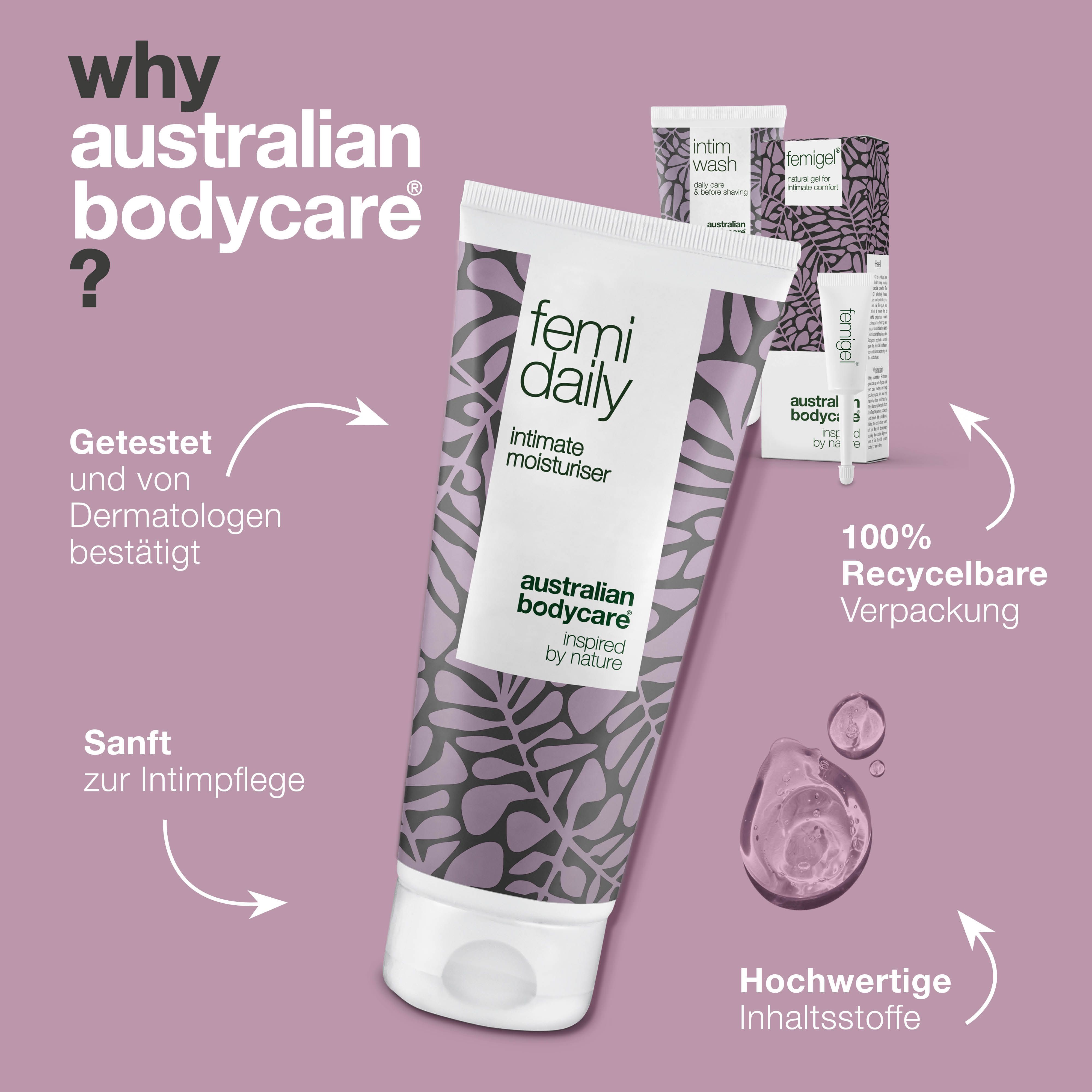 Infografik: Warum Australian Bodycare? Produkte: Feuchtigkeitspflege. Marke: Australian Bodycare.