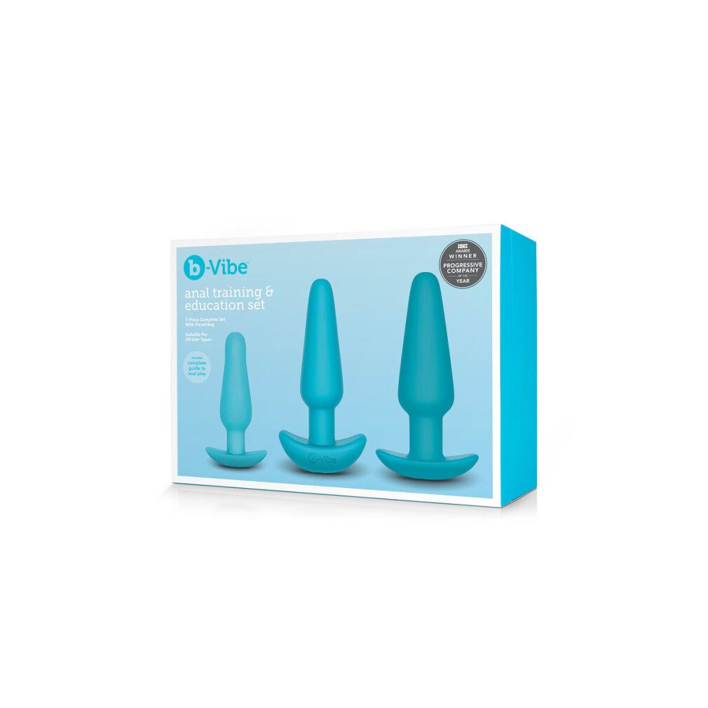 Verpackung mit drei analen Trainingsplugs. Hellblaue Farbe. Produktname und Logo auf der Verpackung.
