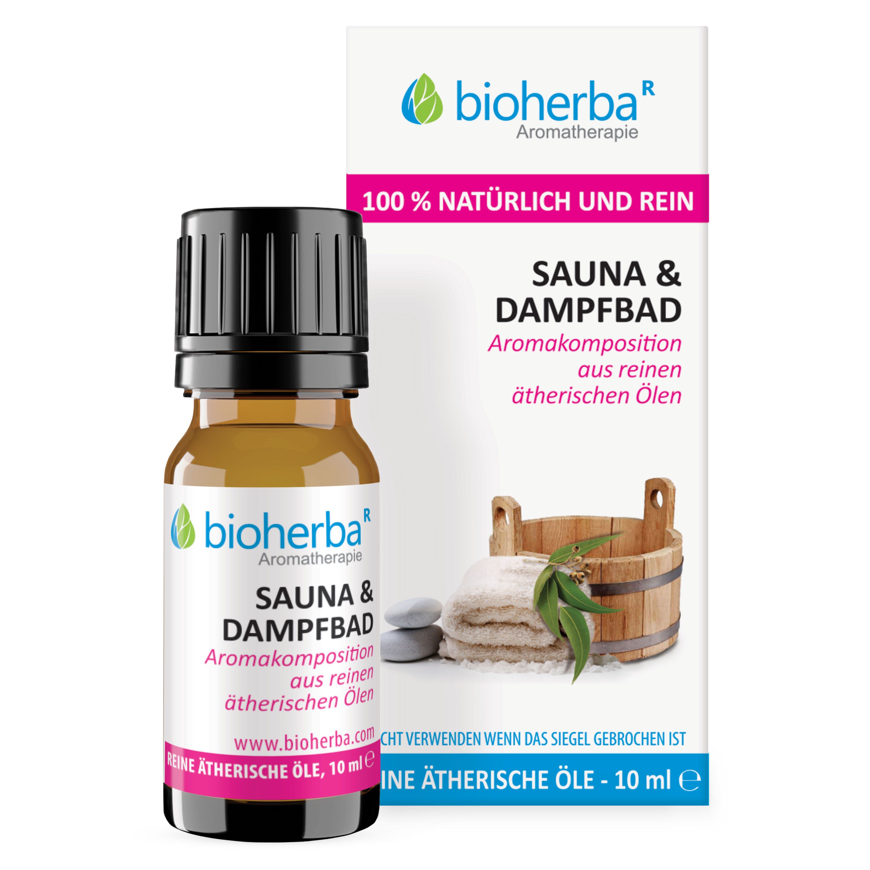 Braune Glasflasche mit schwarzem Deckel. Aufdruck: Sauna & Dampfbad Aromakomposition. 10 ml. Verpackung im Hintergrund.