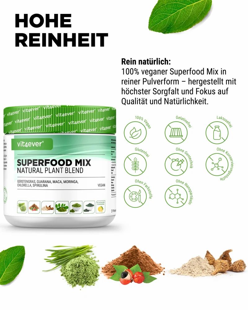 Vit4ever Superfood Mix Dose mit Icons für vegan, glutenfrei und ohne Laktose.