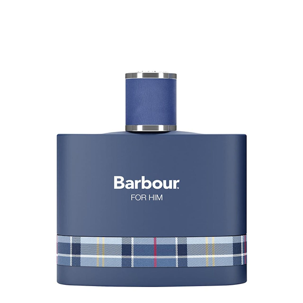 Blauer Parfümflakon mit Barbour-Logo und Schriftzug FOR HIM. Karo-Muster am Flakonboden.