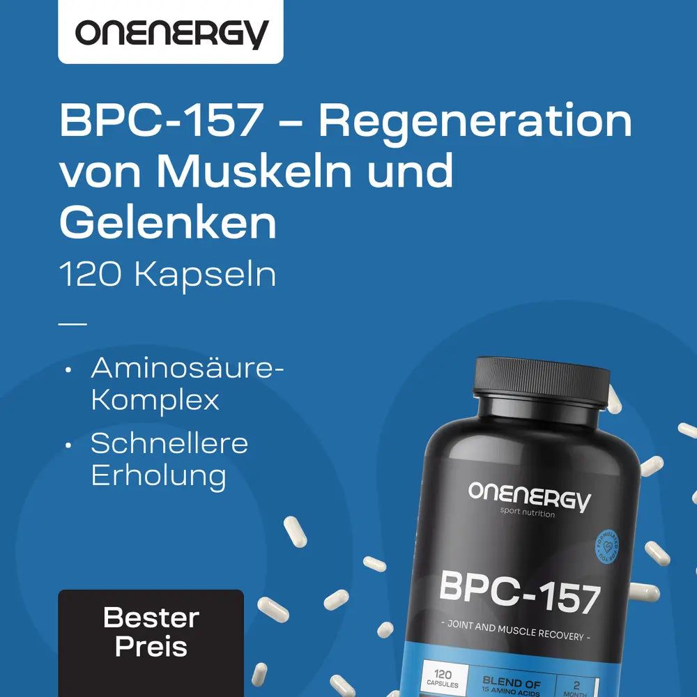 BPC-157 Aminosäuren-Komplex: 120 Kapseln für schnellere Erholung. Dose und Produktvorteile.