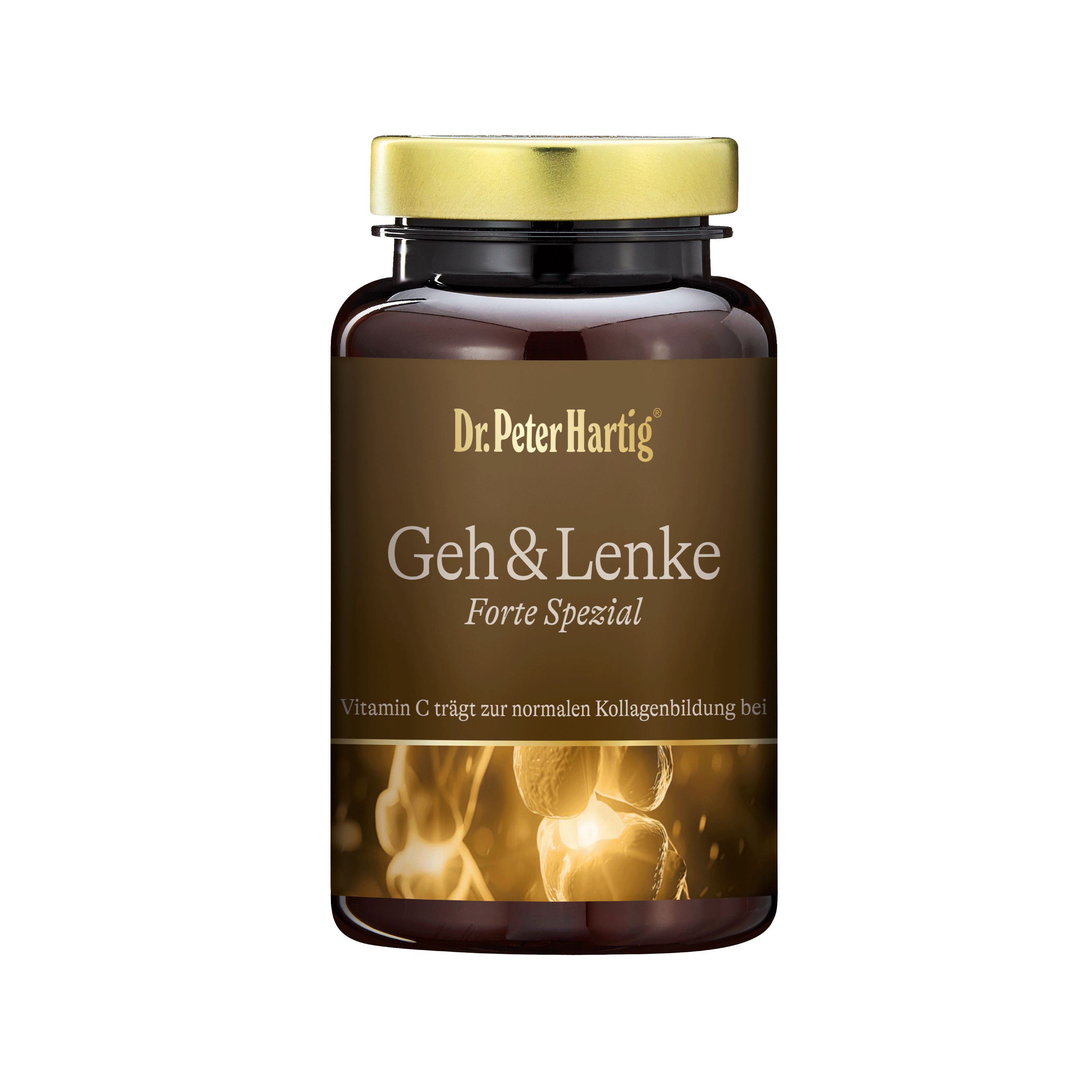 Braune Flasche mit goldfarbenem Deckel. Auf dem Etikett steht "Dr. Peter Hartig Geh & Lenke Forte Spezial".
