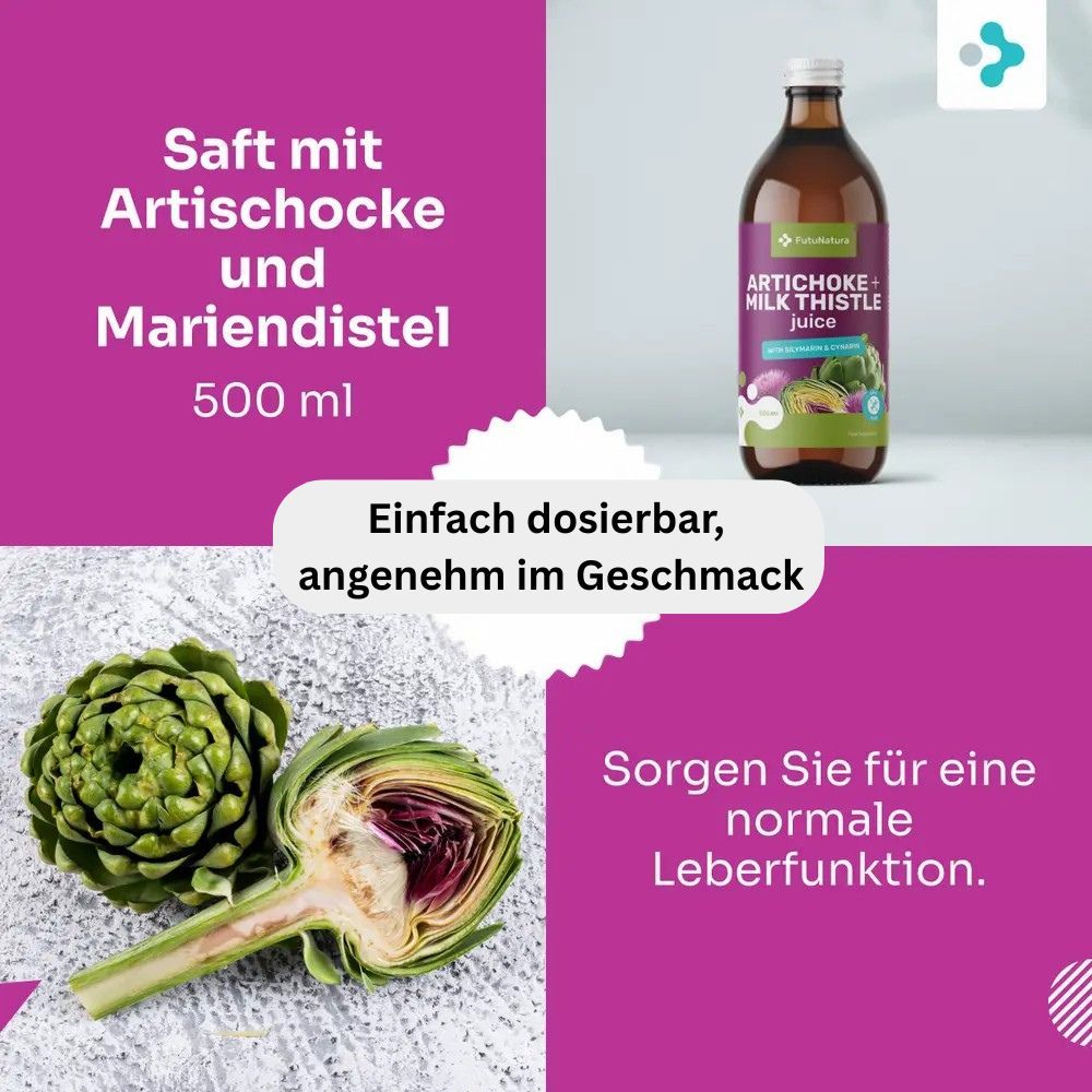 Produktflasche neben Artischocken auf pinkem Hintergrund. Text: Saft mit Artischocke und Mariendistel, 500 ml. Marke FutuNatura. Artischocken-Illustrationen.