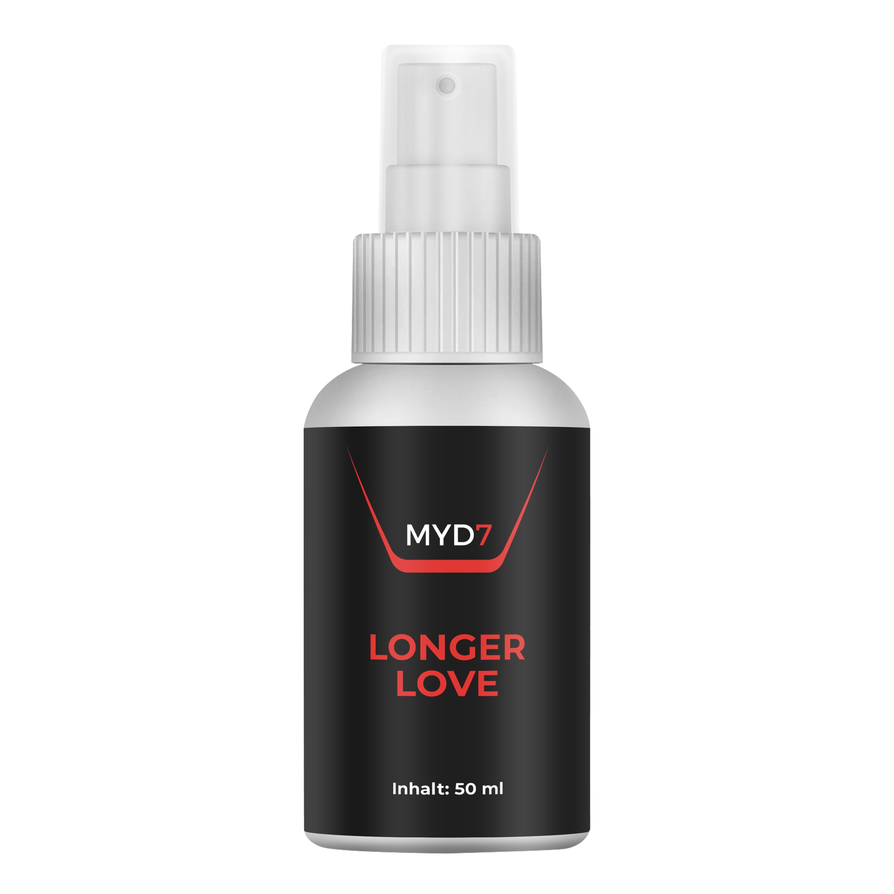 Sprühflasche mit weißem Sprühkopf und schwarzem Etikett. Aufschrift: MYD7, LONGER LOVE. Inhalt: 50 ml.