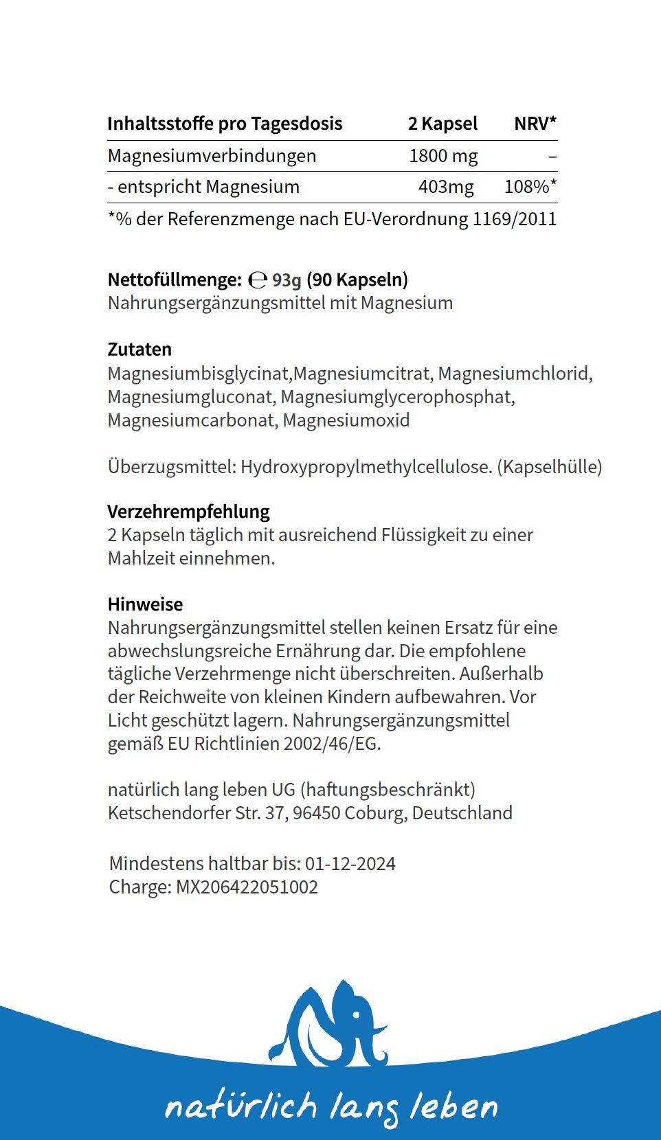 natürlich lang leben Magnesium 7 Komplex Kapseln