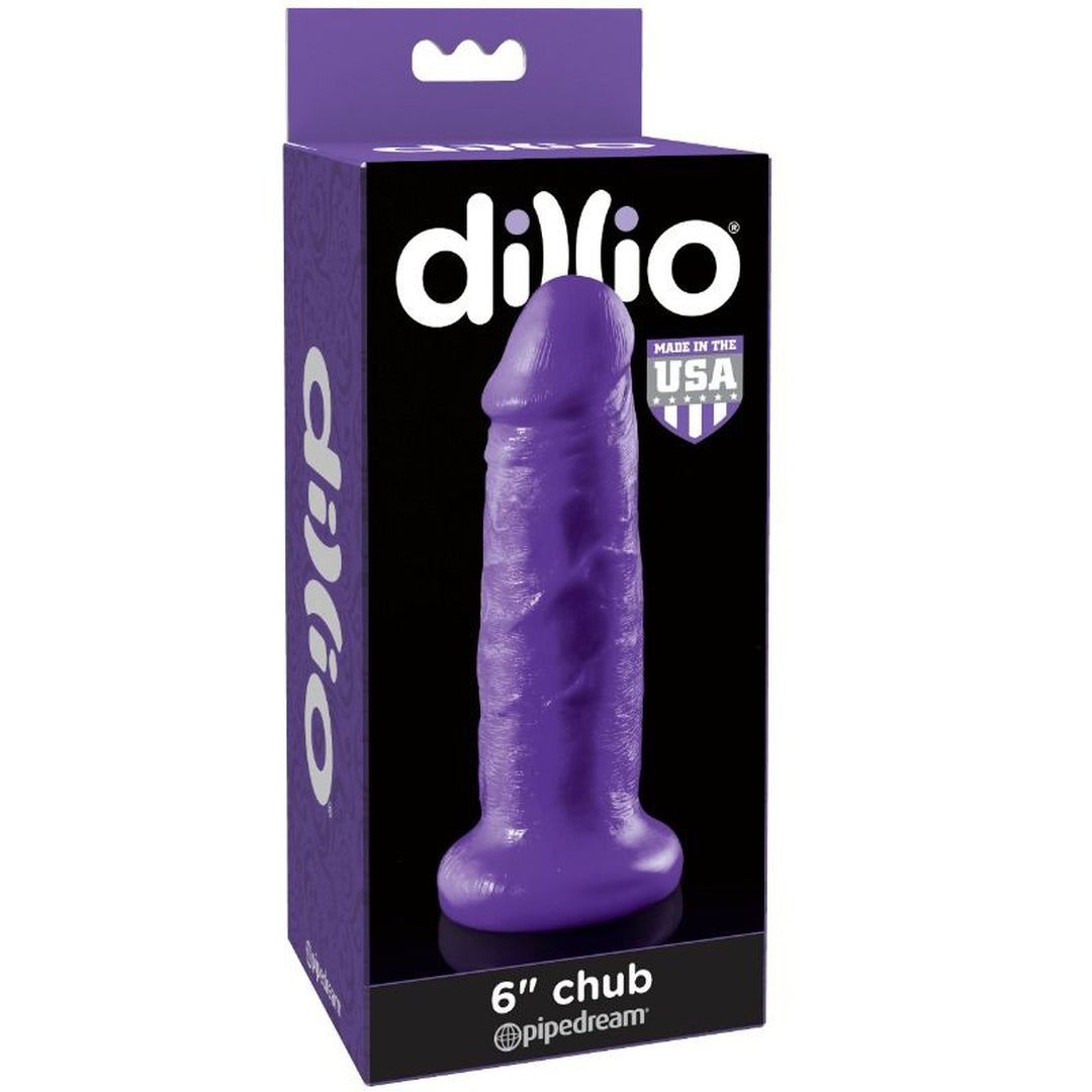 Verpackung mit lila Dildo. Marke Dillio, Aufschrift 6" chub. Made in USA.
