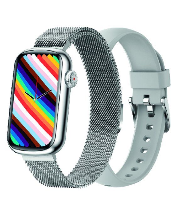 Smartwatch mit silbernem Gehäuse, zwei Armbändern: Metall und grauem Silikon. Farbiger Bildschirm.