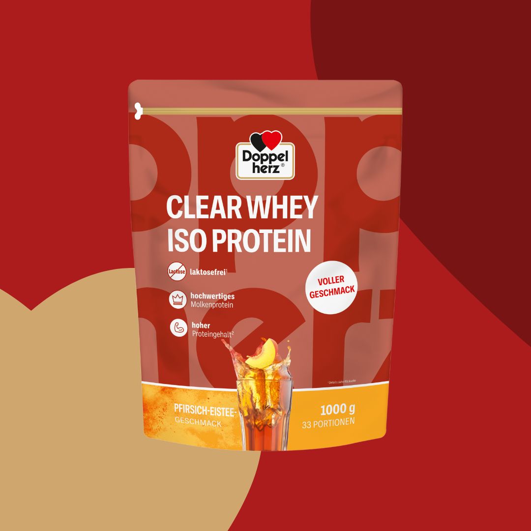 Verpackung von Doppelherz Clear Whey Iso Protein. Mit Pfirsich-Eistee Geschmack. 1000g, 33 Portionen.