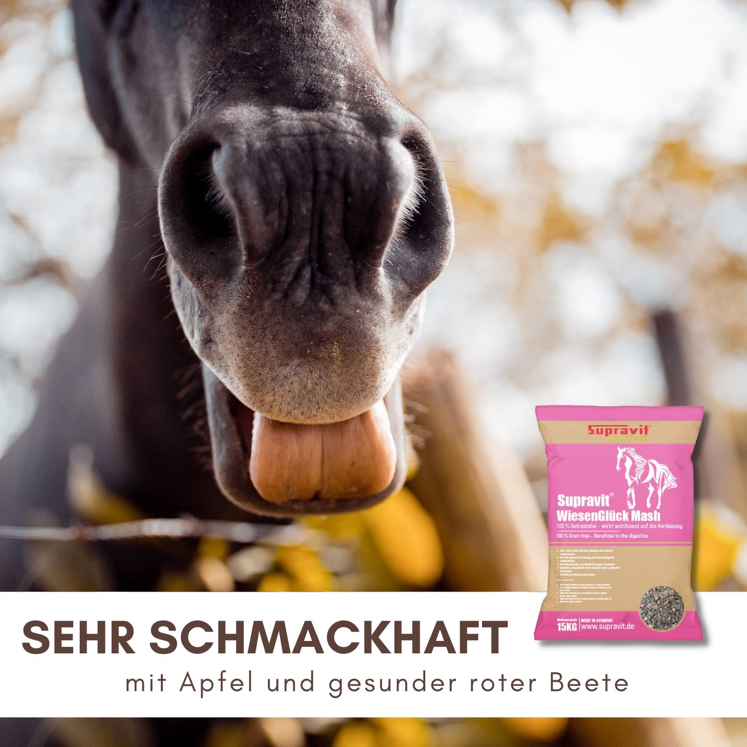 Pferdegesicht, Produktverpackung von Supravit WiesenGlück Mash.