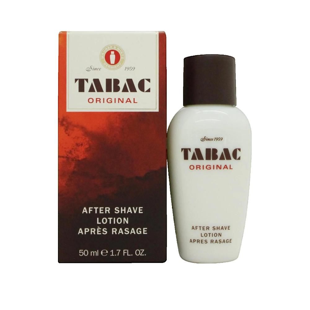 Weiße Flasche mit braunem Deckel und roter Verpackung. Aufschrift: TABAC ORIGINAL, After Shave Lotion. 50ml.