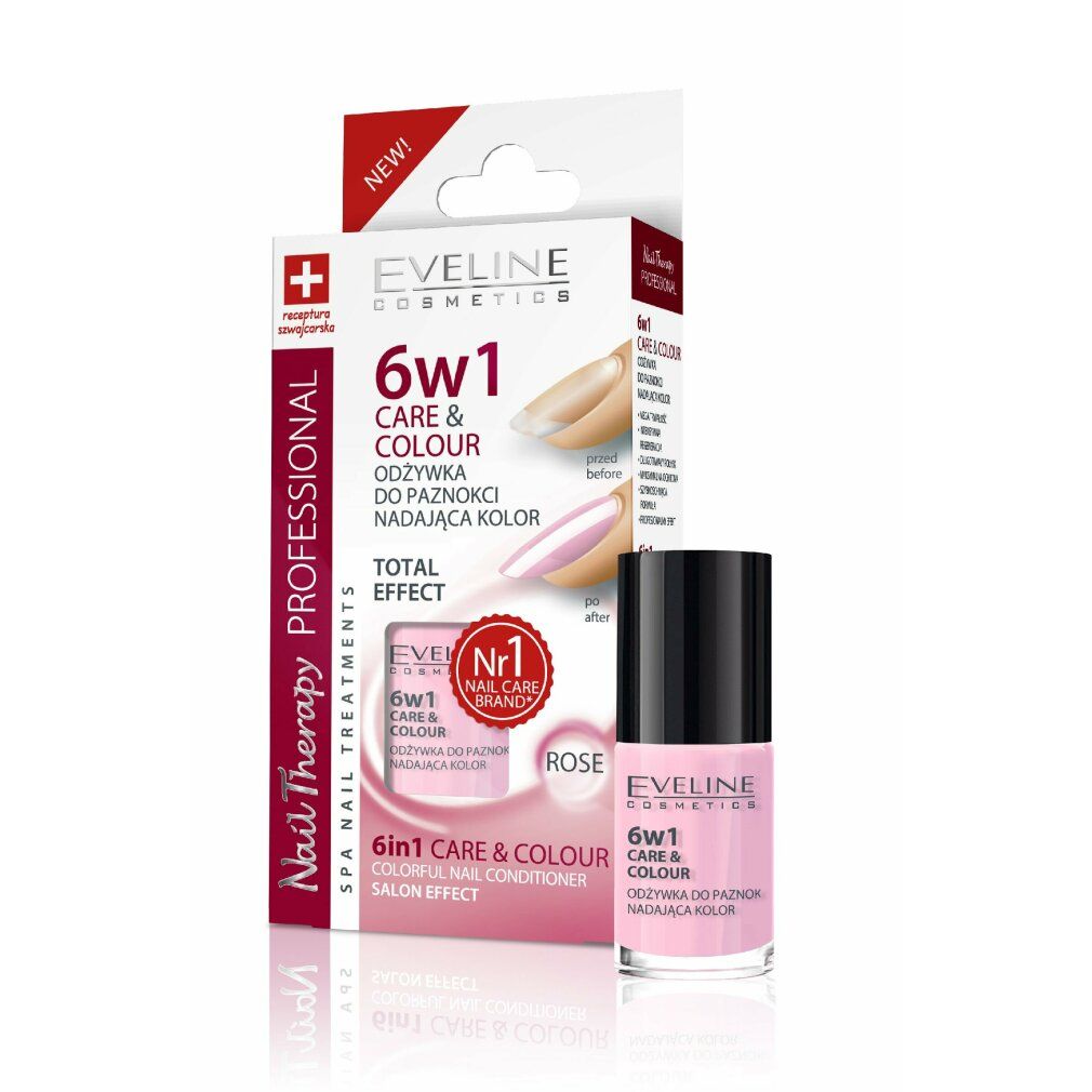 Nagelconditioner in rosa Verpackung. Produkt und Verpackung. Aufschrift: Eveline Cosmetics, 6w1 Care & Colour, Rose.