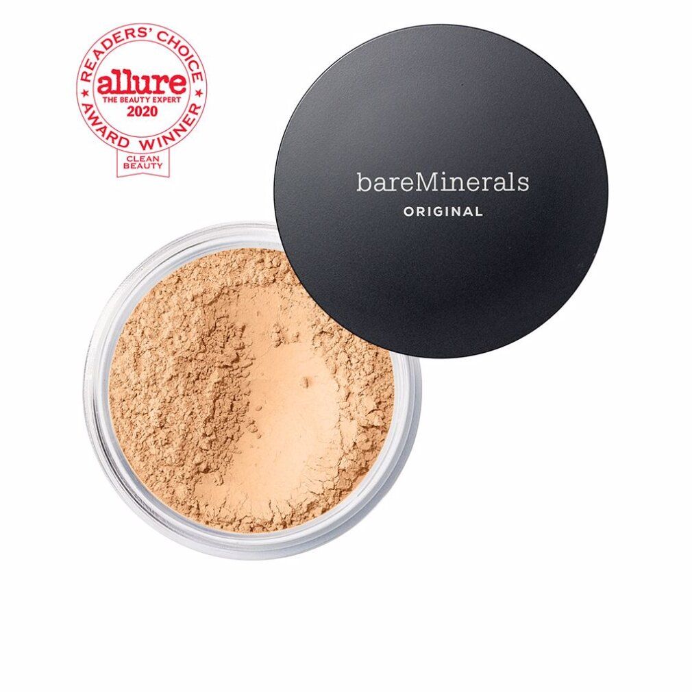 Offene Dose Puder. Schwarzer Deckel mit "bareMinerals Original". Auszeichnung "Allure Readers' Choice".