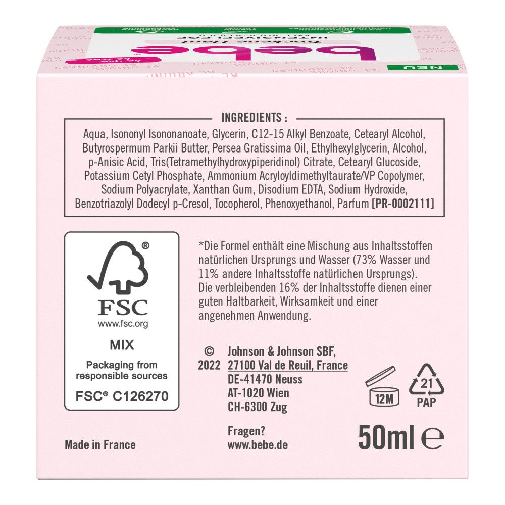 Bebe Intensivpflege Verpackung. Text: Inhaltsstoffe, FSC-Logo, 50ml. Herstellerinformationen.