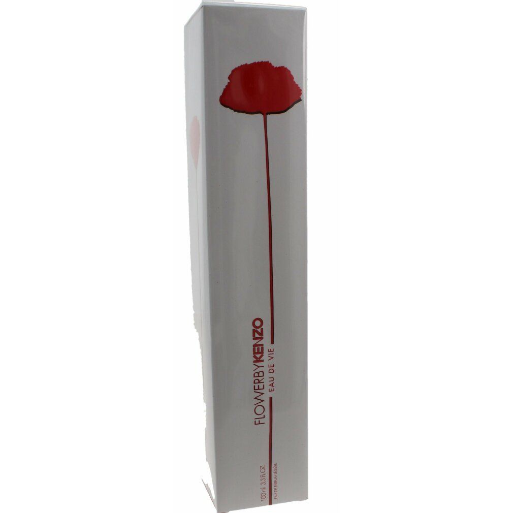 Weiße Verpackung mit roter Blume. Schriftzug: FLOWERBYKENZO Eau de Vie. Rechteckige Form.