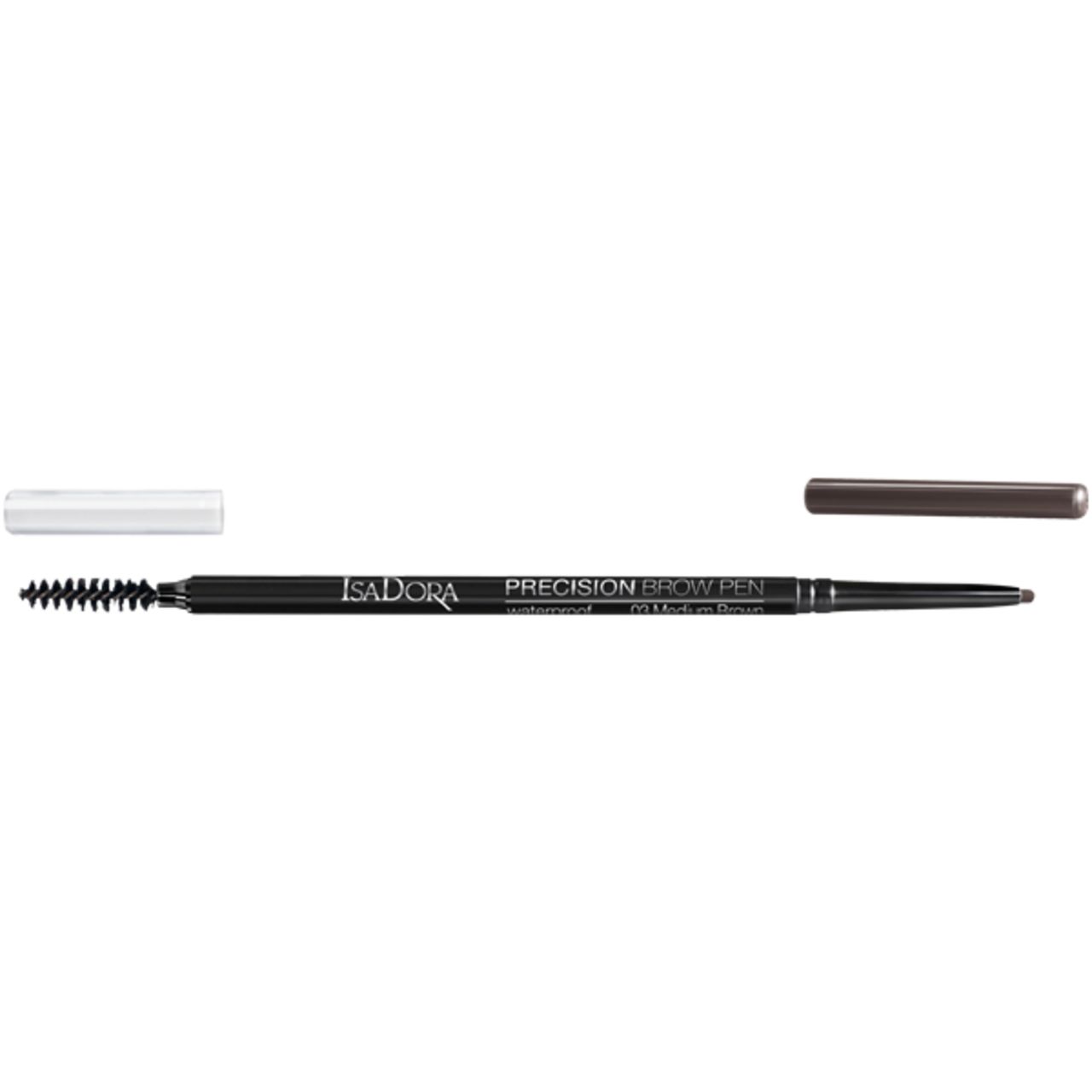 IsaDora Precision Eyebrow Pen. Dunkelbrauner Stift mit Bürste und Kappe. Produktname und Schriftzug auf dem Stift.