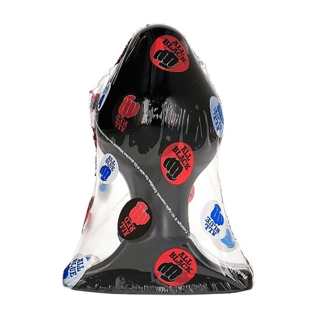 Schwarzer Anus-Plug in transparenter Verpackung. Aufkleber mit "ALL BLACK" und Faust-Symbol.
