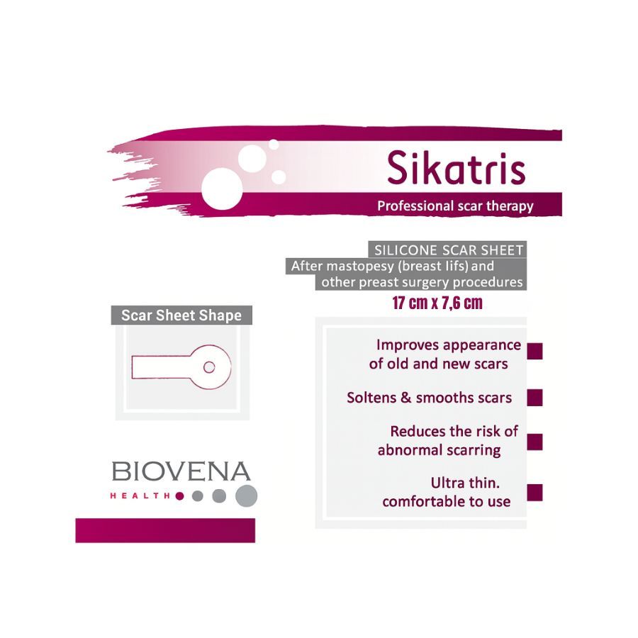 Verpackung mit Produktinformationen. Text: Sikatris, Silikon-Narbenpflaster, 17 x 7,6 cm, verbessert Narben.
