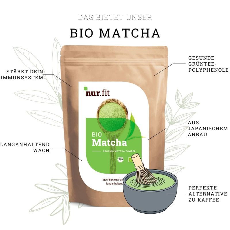 Rückseite der Verpackung mit BIO Matcha Pulver. Enthält Nährwertangaben und Gebrauchsanweisung.